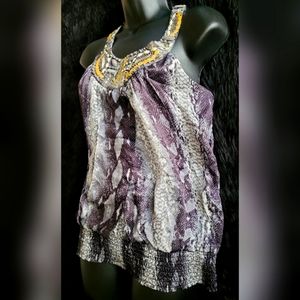 Bebe Silk Snakeskin Beaded Halter Medium